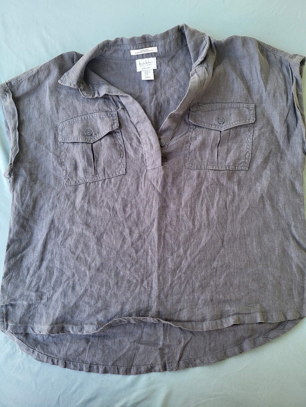 Nicole Miller New York Charcoal 100% European Flax Linen Short Sleeve Utility